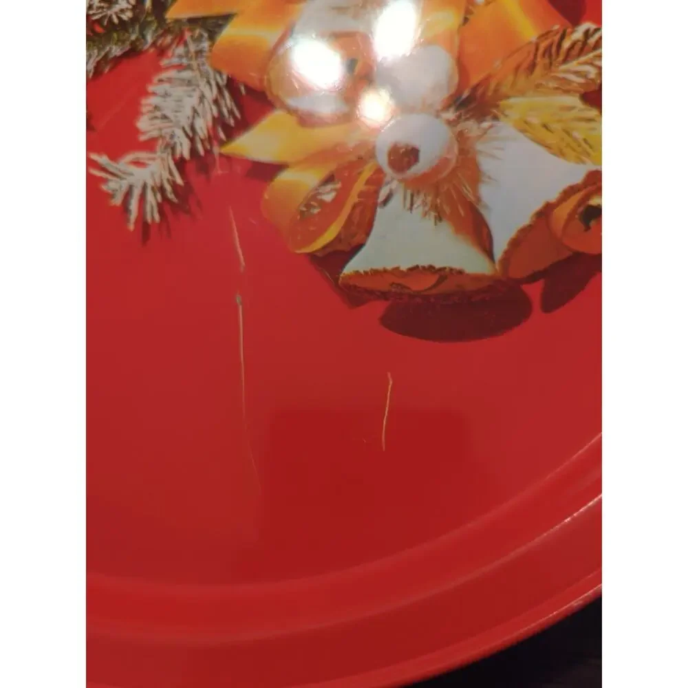 Vintage Metal Christmas Red Tray w/ Bells Round Serving Platter Tray